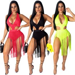 Womens Hollow out Tassel Rompers Fashion Trend Solid Color Sling Tops High Waist Jumpsuits Designer Female Summer Slim Casual Romper LM9086