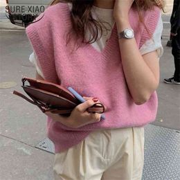 Sleeveless Loose Knitted Women Vintage Pullover V-neck Sweater Vest Autumn Winter Warm Sweaters Oversize 12231 210415