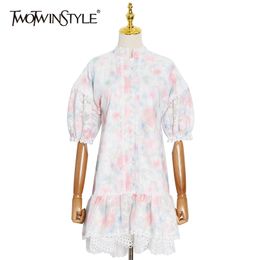 Patchwork Lace Print Dress For Women Turtleneck Short Sleeve High Waist Dresses Female Fashion Clothing 210520