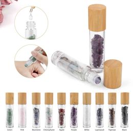10Pcs 10ml Natural Gemstone Essential Oil Roller Ball Bottles Transparent Perfumes Oil Liquids Roll on Bottles with Crystal Chip