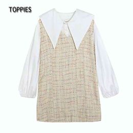 Topplies Fashion Twill Tweed Dress Women Lantern Sleeve Mini Dress Peter Pan Collar Cute Blouses 210412