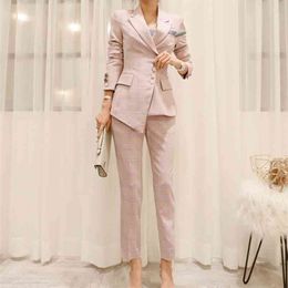 Work Plaid Irregular Women Suits Single Breasted Slim Pant Blazer Jacket and Pencil Office Lady 2 Pieces set 210514