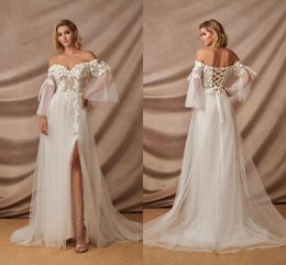 Country Style Beach A Line Wedding Dress Bridal Gowns Bohemian Applique Long Sleeves Lace Up Back High Side Split Tulle Formal Dresses Vestidos De Novia