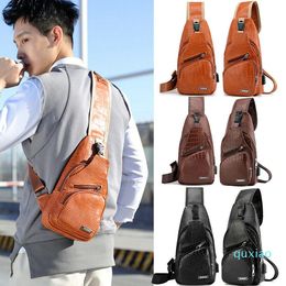 US Men Shoulder Bag Sling Chest Pack Crocodile Leather USB Charge Sport Handbag