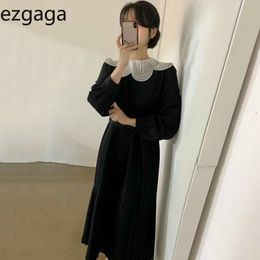 Ezgaga Elegant Dress Women Korean Chic Fashion Peter Pan Collar Lace Up High Waist Pleated Sweet Midi Dress Vestidos Feminino 210430