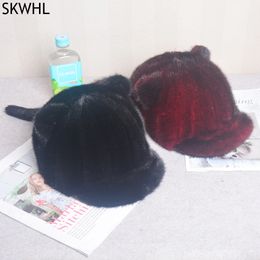 Fashion Winter Vintage Docker Cap Brimless Hat Breathable Beanie Real Mink Fur Literary Landlord Women Hip Hop