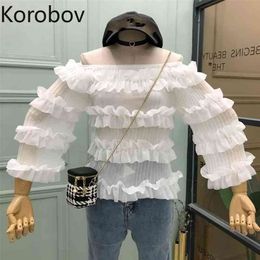 Korobov Summer New Arrival Women Blouses Korean Chic Sweet Flare Sleeve Slash Neck Shirts Vintage Ruffles Blusas Mujer 210430