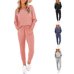 Womens Solid Color Tracksuits Fashion Trend Long Sleeve Round Neck Neck Tops Drawstring Trousers Suits Autumn Female Loose Casual 2Pcs Sets