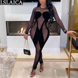 Fashion Jumpsuit Patchwork Jumpsuits for Women Long Sleeve Skinny Sexy Clubwear Mesh See Through Enterizos Para Mujer 210515