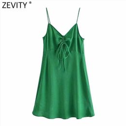 Zevity Women Fashion V Neck Green Colour Soft Satin Sling Mini Dress Chic Femme Spaghetti Strap Drawstring Inner Vestidos DS8353 210603