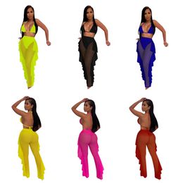 Women Swimwear Lace Translucent Folds Trousers Swimsuit Net Yarn Sexy Six Colours Two Piece Bikini Outdoor CWT