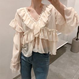 Comelsexy Korean Ruffles Chic All Match Summer Loose Casual Tops V-Neck Sweet Clothe Fashion Women Solid Blouses 210515