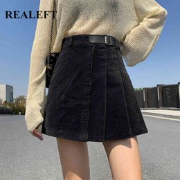 Autumn Winter Corduroy Women's Pleated Skirts Sashes High Waist A-Line Sexy Mini Ladies Skater 210428