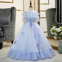 2021 Blue Flower Girl Dresses Jewel Neck Appliqued Beaded Feather Girl Pageant Gown Cascading Ruffle Sweep Train Custom Made Birthday Gowns