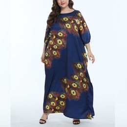 Women Loose Printed Dresses O Neck Batwing Three Quarter Sleeve Blue African Female Fashion Autumn Vestidos Plus Size Robes 210416