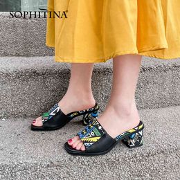 SOPHITINA Summer Dress Slippers for Women Classic Open Toe Square Chunky Heeled Print Slides Outdoor Sandy Casual Shoes PO653 210513