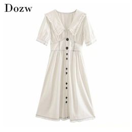 Elegant A Line White Midi Dress Women Striped Casual Short Sleeve Cotton Dresses Lapel Collar Summer Dress With Buttons 210414