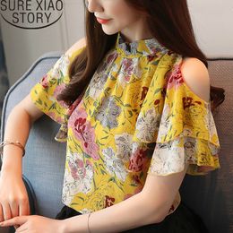 Ruffles Short women shirts Floral Butterfly Sleeve Stand blusas mujer de moda harajuku womens tops and blouses 2097 50 210417
