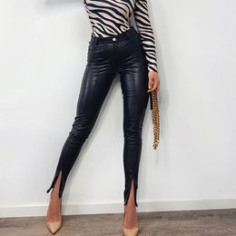 Sexy PU Leather Zipper Split Pencil Pants Spring Autumn Women New High Waist Solid Black Brown Female Skinny Slim Trousers 210416