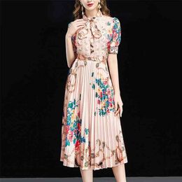 Retro literary bow lace beaded print waist thin pleated dress women Office Lady Polyester Knee-Length 210416