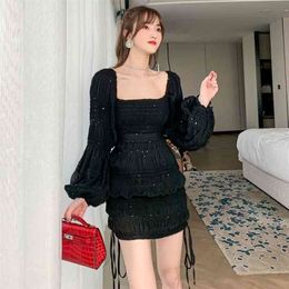 Sexy square neck sequin dress with black long sleeves slim fit buttocks 210416