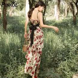 Summer Dress Elegant Long Women Sleeveless V-neck Maxi Strapless Ankle-Length Floral Print Bow es 210421