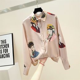 Spring Autumn Women's Blouse Retro Chinese Opera Makeup Printing shirt Versatile Female Long-sleeved Tops GX305 210507