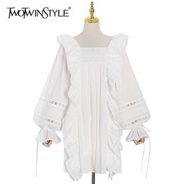Patchwork Ruffle Lace Dress For Women Square Collar Lantern Sleeve Ruched Casual Loose Dresses Female Fashion 210520