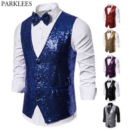 Shiny Royal Blue Sequin Dress Vests Men Slim Fit V Neck Glitter Tuxedo Waistcoat Mens Wedding Party Stage Prom Vest with Bowtie 210522