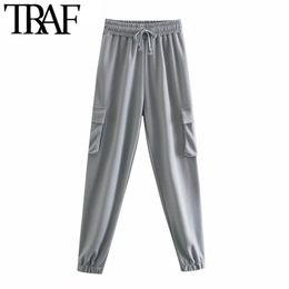 TRAF Women Chic Fashion Side Pockets Cargo Pants Vintage High Elastic Waist With Drawstring Female Ankle Trousers Mujer 210415