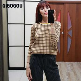 GIGOGOU Plaid Women Pullovers And Sweaters O Neck Long Sleeve Female Jumper Winter Fall Elegant Jacquard Knitted Sweater Tops 211011