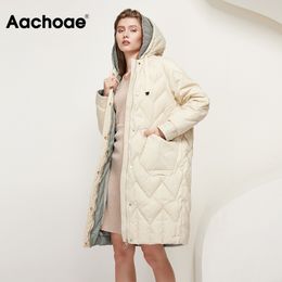Aachoae Winter Thick Warm Knit Patchwork Coat Women Lady Hooded Long Puffer Jacket Long Sleeve Casual White Duck Down Coats 210413