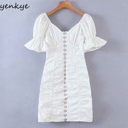 Fashion Women Sexy White Dress Romantic V Neck Puff Sleeve Ruched Bodycon Mini Summer Party Vestido Mujer 210514