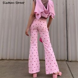 Streetwear Pink Flare Pants Woman 2021 High Waist Y2k Pants Female Love Korean Clothes Bell Bottom Pants Woman Trousers Summer Q0801