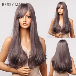 Purple Grey Highlight Lolita Cosplay Wigs with Side Bangs Long Straight Wigs for White Women High Temperature Fibrefactory direct