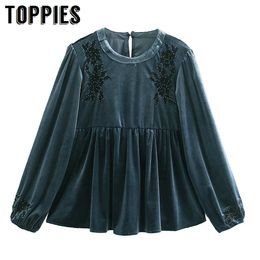 Toppies New Women Green Velvet Blouse Casual Pullover Shirt Tops Embroidered Blouses 210412