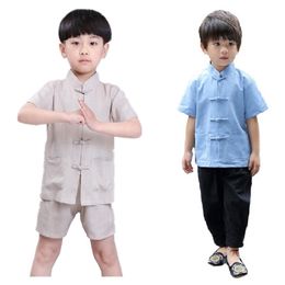 Kungfu Baby Boy Clothes Suits Chinese Traditional Costumes Children Tee Shirt Short Pant Tang Suit Linen Breathable Jersey Tops 210413