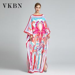 VKBN Autumn Silk Women Dress Up O-Neck Casual Plus Size Female Dress Loose Party Dresses Women Batwing Sleeve 210507