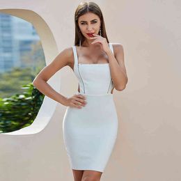 Summer Women Hollow Out Bandage Dress Sexy White Spaghetti Strap Bodycon Celebrity Runway Club Party Dresses Vestidos 210423
