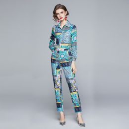 Runway Designer Suit Women's Spring Long Sleeve Single-Breasted Flower Printing Shirt + Hight Waist Pencil Pants 2 Piece Set 210514