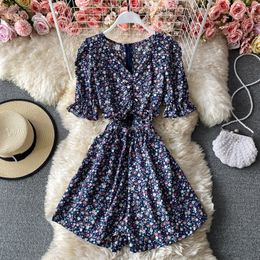 Summer puff sleeves waist slimming jumpsuit For women wide-leg elegant V-neck chiffon floral print rompers 210420