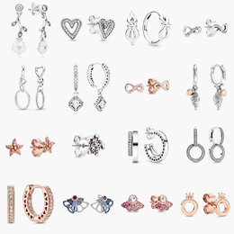 925 Sterling Silver stud Brand New Sparkling Double Hoop Earrings High Jewellery rose gold star love Ear Studs charm Dust Bag Gifts fit Pandora Charm