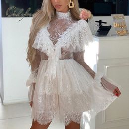 Summer Women Mini Party Long Sleeve Sexy Transparent Tulle White Lace Short Tunic Beach Dress 210415