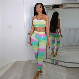 Simenual Rainbow One Shoulder Top And Pants Matching Sets Women Ribbed Skinny Sporty Streetwear Two Piece Outfits Sleeveless Hot Y0625