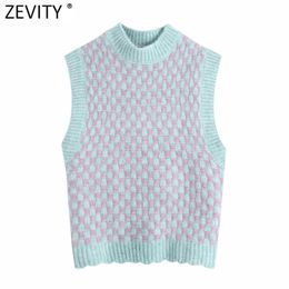 Zevity Women Contrast Houndstooth Plaid Short Knitting Vest Sweater Female Chic O Neck Sleeveless Pullovers Waistcoat Tops SW702 210915