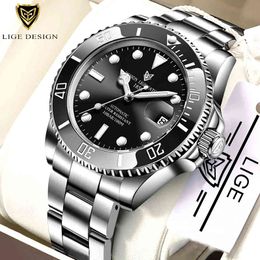 LIGE Design Brand Luxury Men Watches Automatic Black Watch Men Stainless Steel Waterproof Business Sport Mechanical Wristwatch 210517