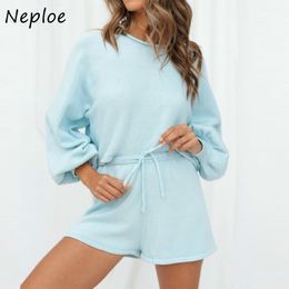 Neploe 2 Piece Set Women Summer Casual O Neck Long Sleeve Top+Drawstring Elastic Waist Wide Leg Shorts Fashion Suits 1E319 210423