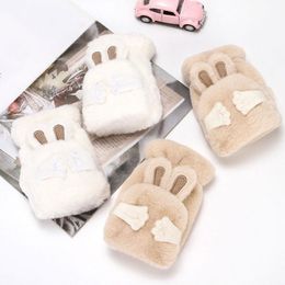 Cute Cartoon Flip Thick Furry Gloves Girls Warm Winter Fleece Fingerless Gloves Fashion Soft Comfortable Faux Fur Mittens