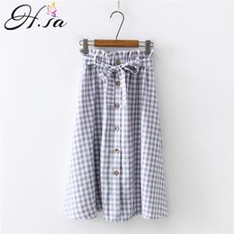 H.sa Roupa Mujer Women Skirts Elastic Wasit Bow Sashes Plaid Long Skirt Button Up Pink Blue Streetwear Jupe Faldas 210417