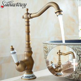 Antique Brass Ceramic Handle Basin Faucet Rotatble Bathroom Kitchen Cold Mixer Crane 210724